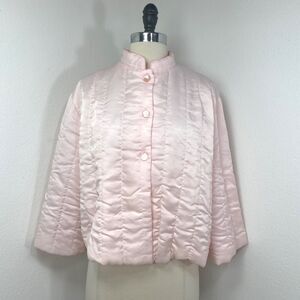 Vtg Nanette Pink Quilted Bed Jacket Button Front Mock Collar Satin Nylon Large